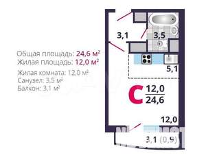 Студия квартира, вторичка, 25м2, 12/17 этаж