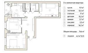 3-к квартира, вторичка, 77м2, 6/16 этаж